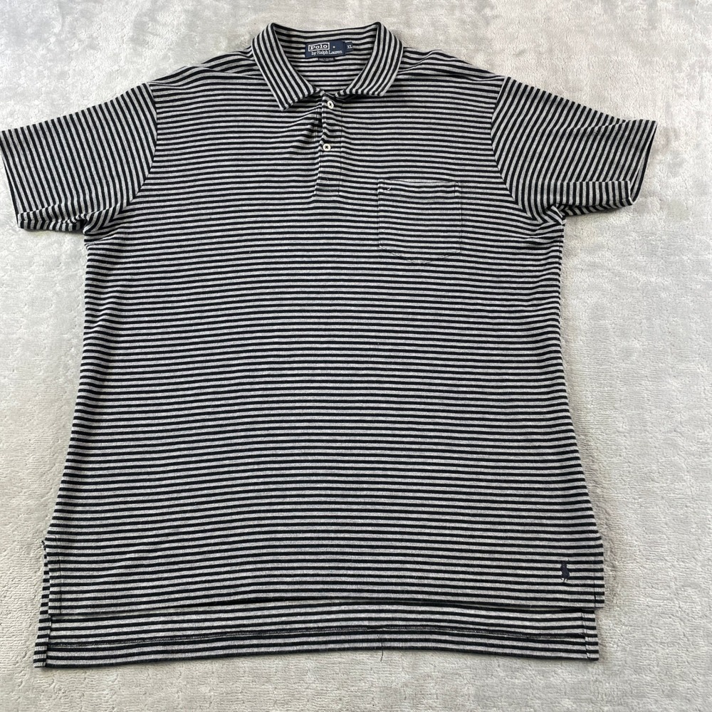 Polo Ralph Lauren Polo Shirt  Mens XL Black Gray Striped Coastal Summer Pocket‎